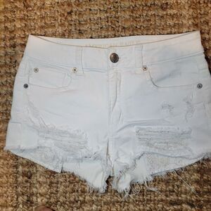 American Eagle Perfect Stretch White Denim Jean Shorts Destroyed Micro Mini 4 27